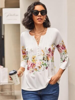 Casual Regular Floral Round Neck 3/4 Sleeve Tops - Image 6