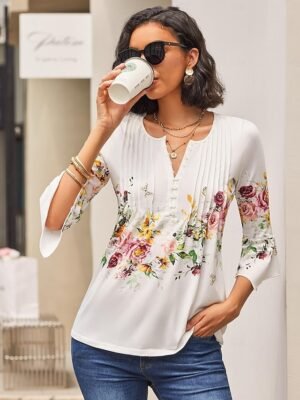 Casual Regular Floral Round Neck 3/4 Sleeve Tops - Image 7