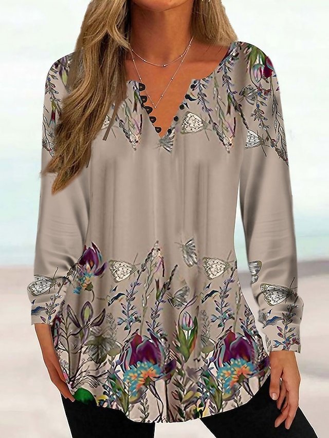 Casual Regular Floral Round Neck Long Sleeve Tunic Top - Image 1