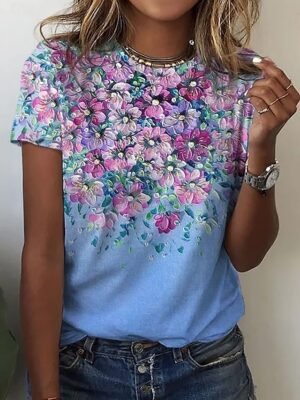Casual Regular Floral Round Neck Short Sleeve Summer Top - Image 1
