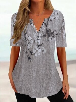 Casual Regular Floral Round Neck Short Sleeve Tunic Top - Image 1