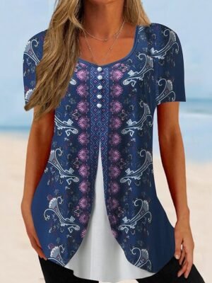 Casual Regular Floral Round Neck Short Sleeve Top - Image 1