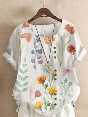 Casual Regular Floral Round Neck Short Sleeve Linen-Like Top - Image 1
