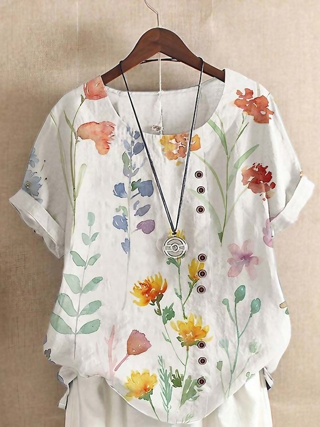 Casual Regular Floral Round Neck Short Sleeve Linen-Like Top - Image 1