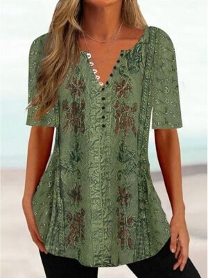 Casual Regular Floral Round Neck Short Sleeve Tunic Top - Image 2
