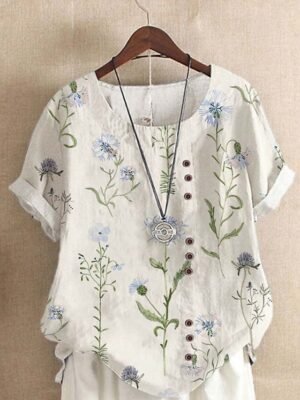 Casual Regular Floral Round Neck Short Sleeve Linen-Like Top - Image 2