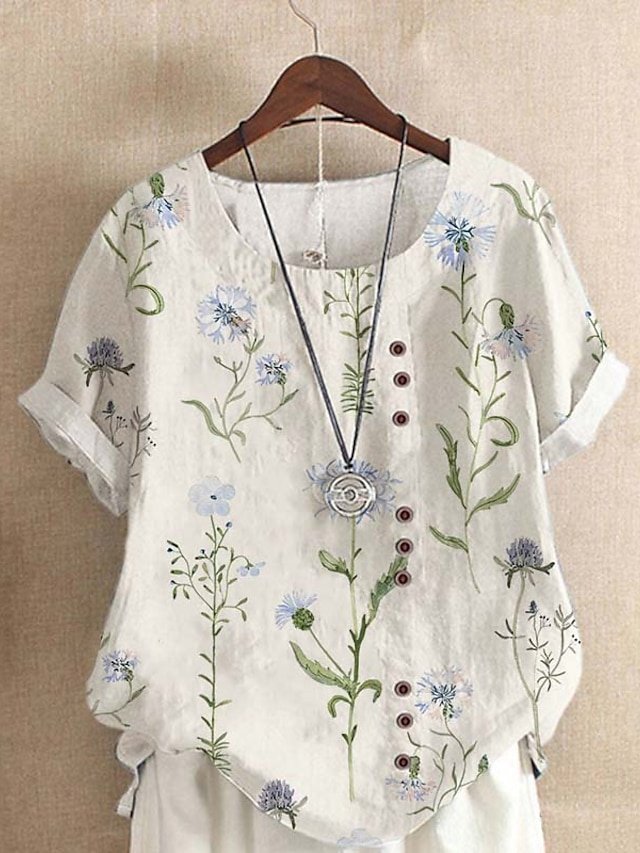 Casual Regular Floral Round Neck Short Sleeve Linen-Like Top - Image 2