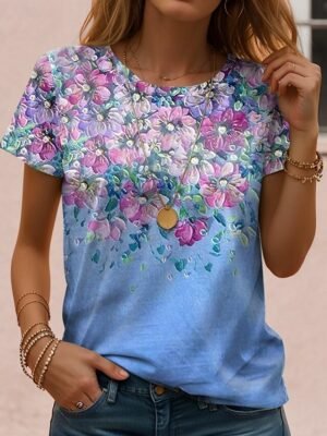 Casual Regular Floral Round Neck Short Sleeve Summer Top - Image 2