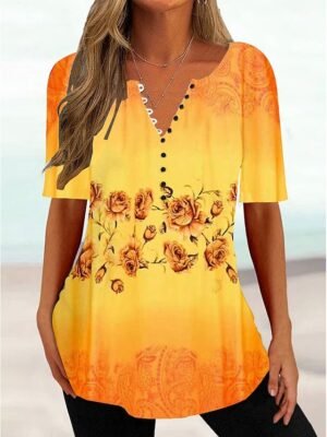 Casual Regular Floral Round Neck Short Sleeve Tunic Top - Image 3