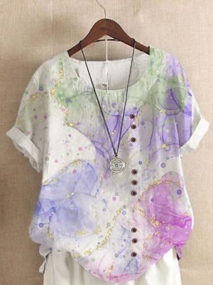 Casual Regular Floral Round Neck Short Sleeve Linen-Like Top - Image 3