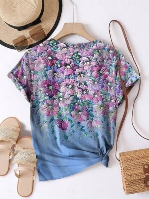 Casual Regular Floral Round Neck Short Sleeve Summer Top - Image 3