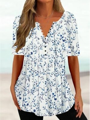 Casual Regular Floral Round Neck Short Sleeve Tunic Top - Image 4
