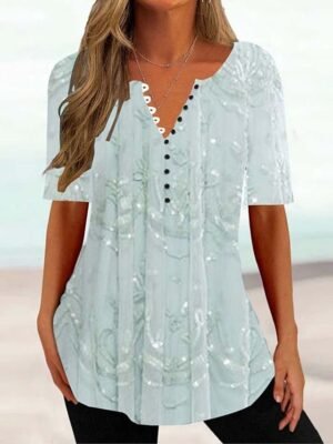 Casual Regular Floral Round Neck Short Sleeve Tunic Top - Image 5