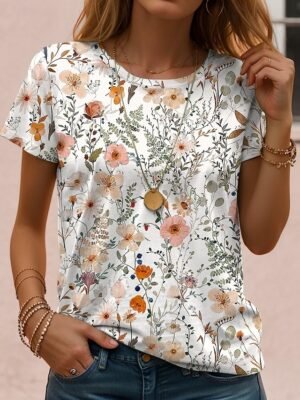 Casual Regular Floral Round Neck Short Sleeve Summer T-shirt - Image 5