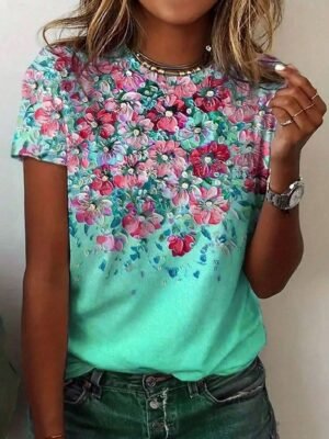 Casual Regular Floral Round Neck Short Sleeve Summer Top - Image 5