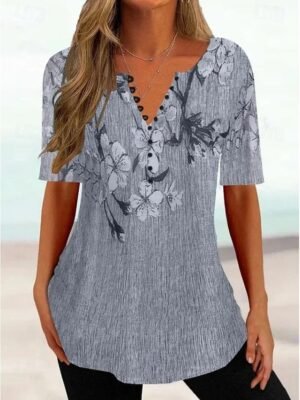 Casual Regular Floral Round Neck Short Sleeve Tunic Top - Image 6