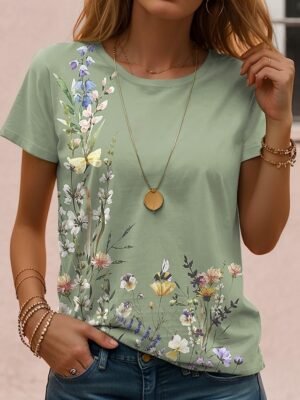 Casual Regular Floral Round Neck Short Sleeve Summer T-shirt - Image 6