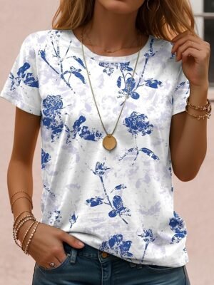 Casual Regular Floral Round Neck Short Sleeve Summer T-shirt - Image 7