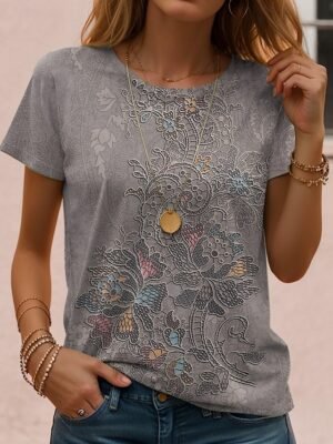 Casual Regular Floral Round Neck Short Sleeve Summer T-shirt - Image 8