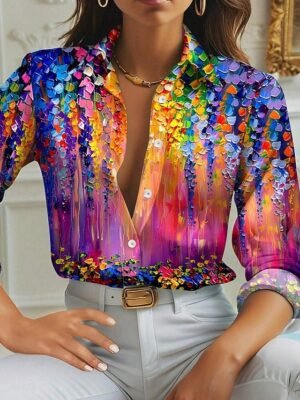 Casual Regular Floral Shirt Collar Long Sleeve Blouse - Image 1