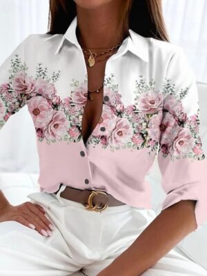 Casual Regular Floral Shirt Collar Long Sleeve Blouse - Image 10