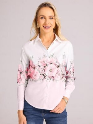 Casual Regular Floral Shirt Collar Long Sleeve Blouse - Image 9