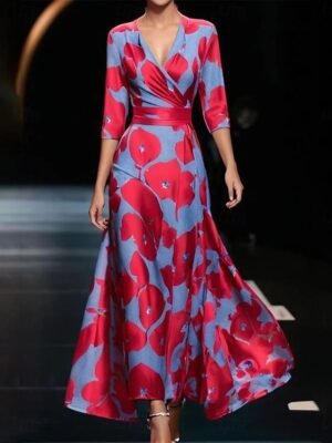Casual Regular Floral V Neck 3/4 Length Maxi Dress - Image 1