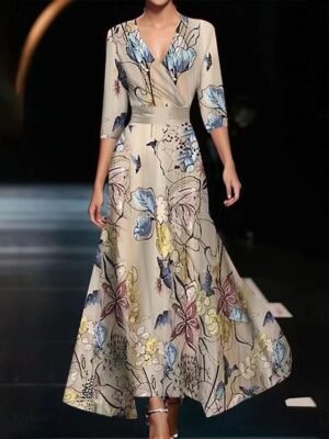 Casual Regular Floral V Neck 3/4 Length Maxi Dress - Image 3