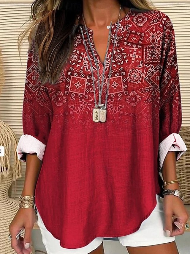 Casual Regular Floral V Neck Long Sleeve Shirt - Image 1
