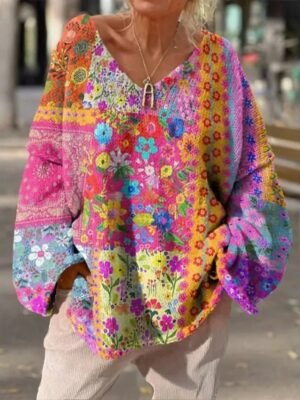 Casual Regular Floral V Neck Long Sleeve Knit Top - Image 1