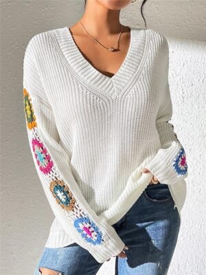Casual Regular Floral V Neck Long Sleeve Knit Top - Image 1