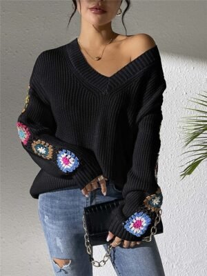 Casual Regular Floral V Neck Long Sleeve Knit Top - Image 14
