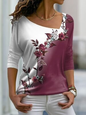 Casual Regular Floral V Neck Long Sleeve T Shirt - Image 2