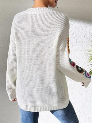 Casual Regular Floral V Neck Long Sleeve Knit Top - Image 2