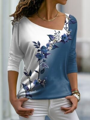 Casual Regular Floral V Neck Long Sleeve Plus Size T-Shirt - Image 3