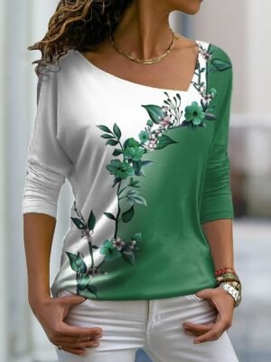 Casual Regular Floral V Neck Long Sleeve T Shirt - Image 3