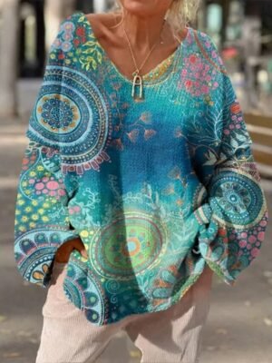 Casual Regular Floral V Neck Long Sleeve Knit Top - Image 3