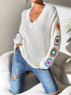 Casual Regular Floral V Neck Long Sleeve Knit Top - Image 3