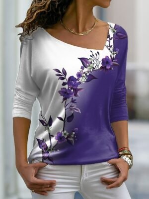 Casual Regular Floral V Neck Long Sleeve T Shirt - Image 5