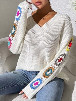 Casual Regular Floral V Neck Long Sleeve Knit Top - Image 9