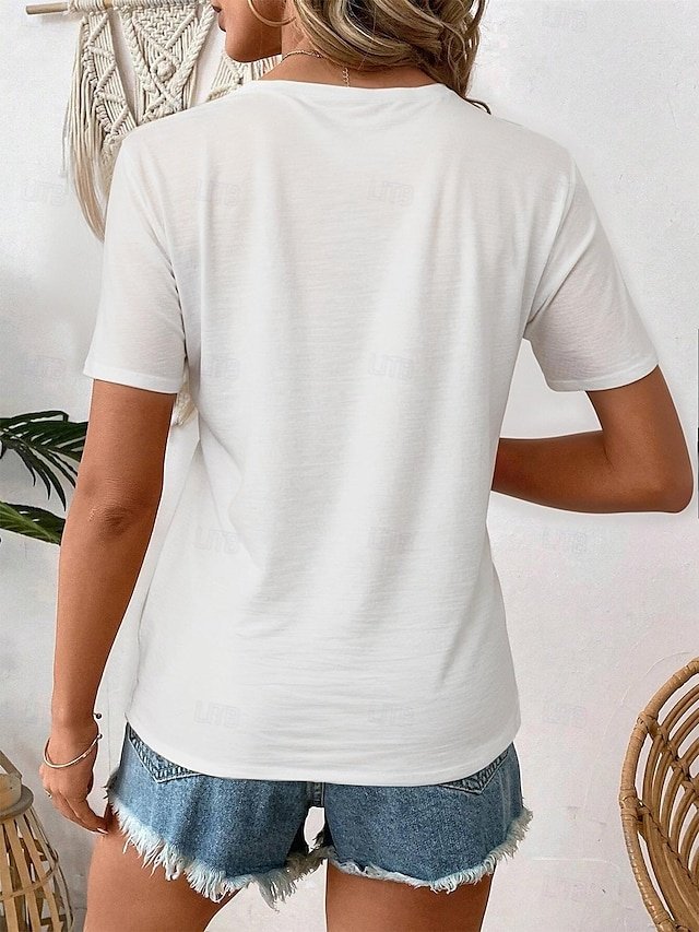 Casual Regular Floral V Neck Short Sleeve White T Shirt - Image 2