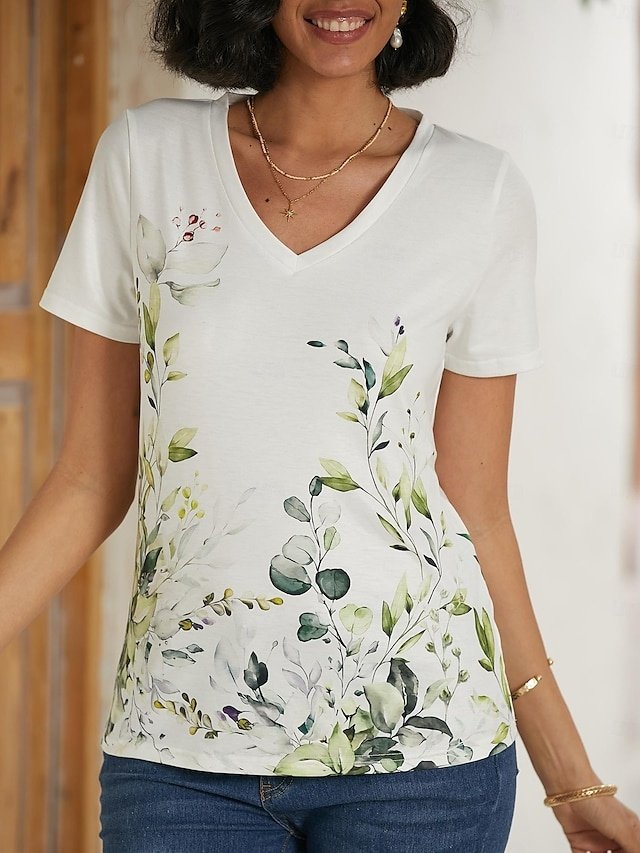 Casual Regular Floral V Neck Short Sleeve T Shirt - Image 2