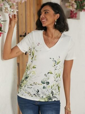 Casual Regular Floral V Neck Short Sleeve T Shirt - Image 5