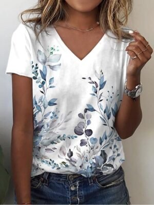Casual Regular Floral V Neck Short Sleeve T Shirt - Image 6
