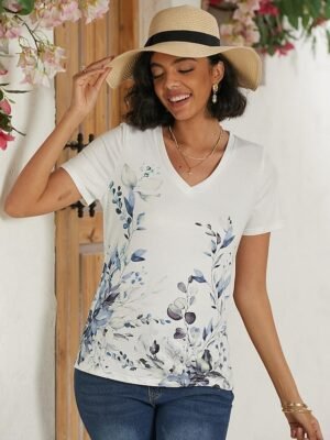 Casual Regular Floral V Neck Short Sleeve T Shirt - Image 7