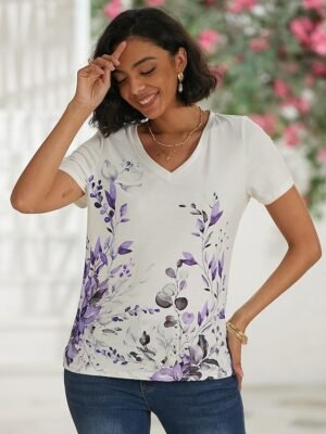 Casual Regular Floral V Neck Short Sleeve T Shirt - Image 9