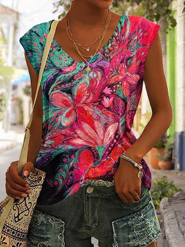 Casual Regular Floral V Neck Sleeveless Tank Top - Image 1