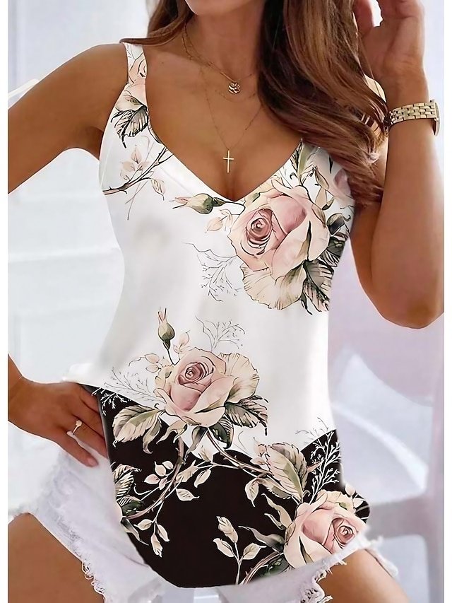 Casual Regular Floral V Neck Sleeveless Tunic Tank Top - Image 1