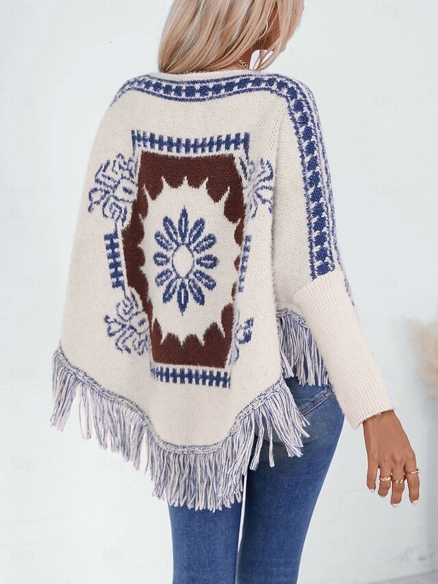 Casual Regular Geometric Boat Neck Long Sleeve Knitted Cape - Image 2