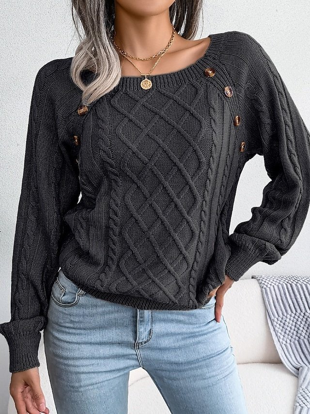 Casual Regular Geometric Crew Neck Button Long Sleeve Knit Top - Image 1